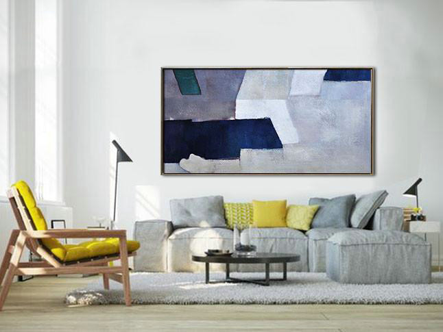 Handmade Large Contemporary Art,Horizontal Palette Knife Contemporary Art,Family Wall Decor,White,Grey,Dark Blue.etc